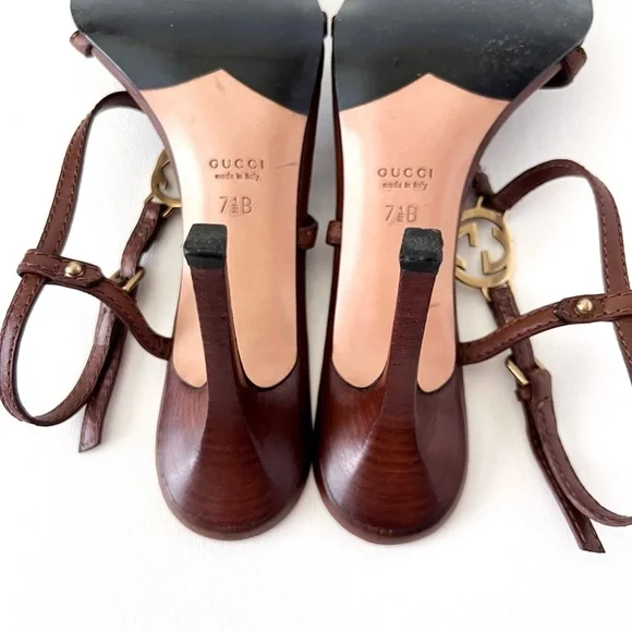 GUCCI | GG Logo Brown Leather Strappy Heels Sandals Size 7.5 - Picture 16 of 16